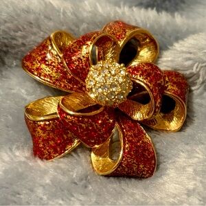 Vintage Roman stamped gold tone & Red glitter Bow Brooch